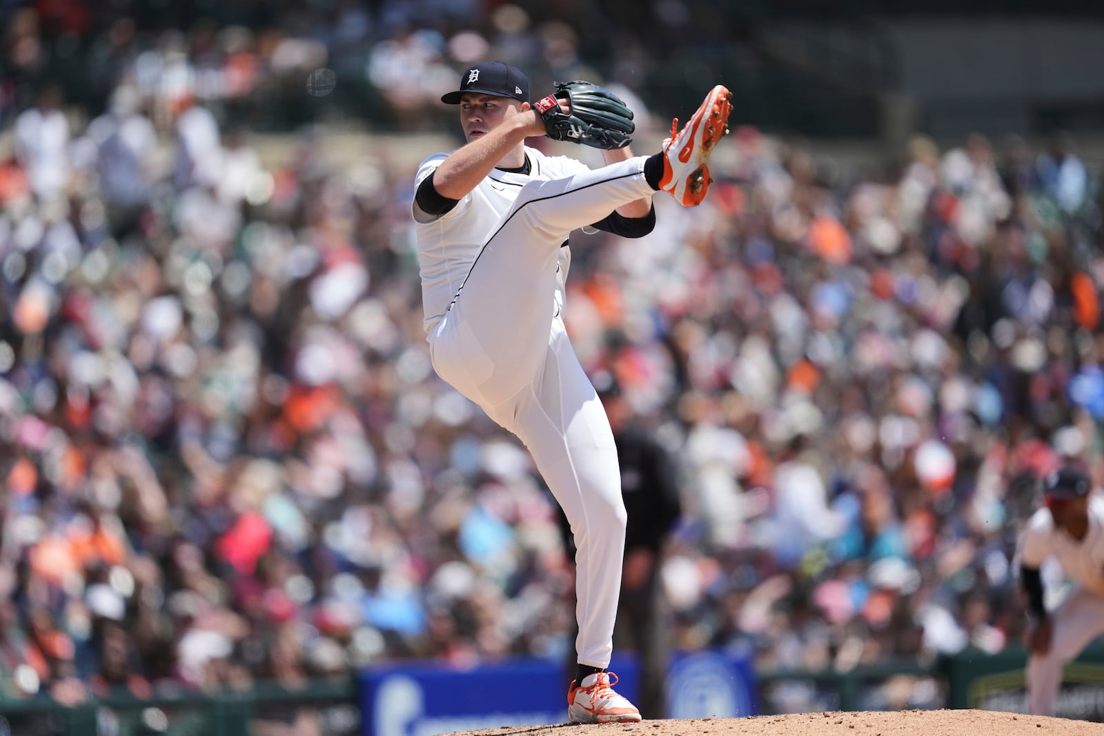 Detroit Tigers pitcher Tarik Skubal throws against the Cleveland Guardians in the seventh inning during a baseball game, Sunday, May 25, 2025, in Detroit. (AP Photo/Paul Sancya)