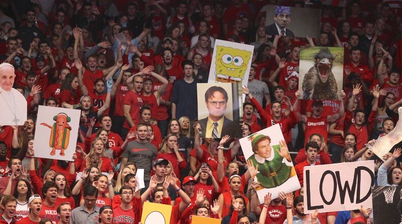 Dayton students cheer during a game against Ohio Dominican on Nov. 4, 2017, at UD Arena.