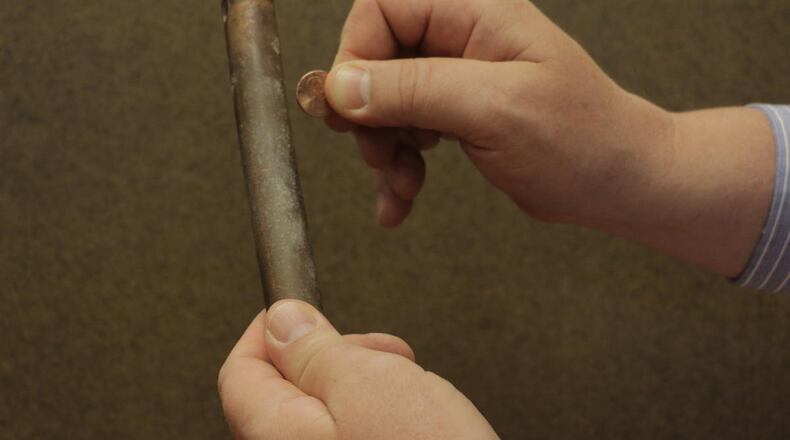 This is a copper pipe. “If the scraped area is copper in color, like a penny, your service line is copper. A magnet will not stick to a copper pipe,” according to the Cleveland Water Department. COURTESY OF CLEVELAND WATER