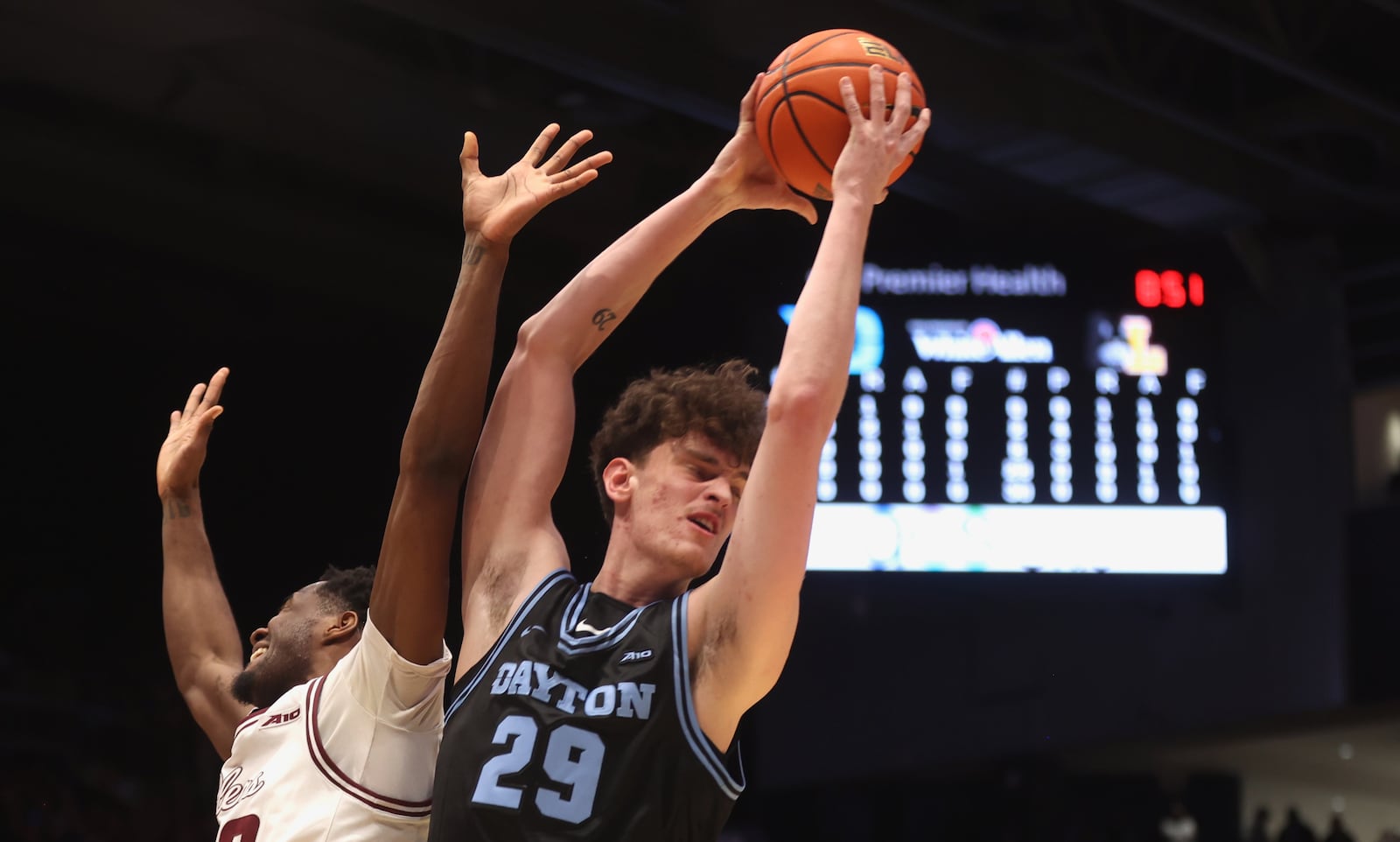 Dayton's Amaël L'Etang grabs a rebound against Loyola Chicago on Friday, Jan. 16, 2026, at UD Arena. David Jablonski/Staff