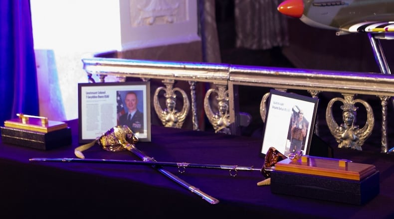 A presentation table displays two swords displayed prior to being presented to the Royal Air Force Museum American Foundation Sword of Honor recipients in 2018. Each year, a member of the Royal Air Force and U.S. Air Force are selected for contributions made to build relationships between the two nations. (Courtesy photo/Royal Air Force Museum American Foundation)
