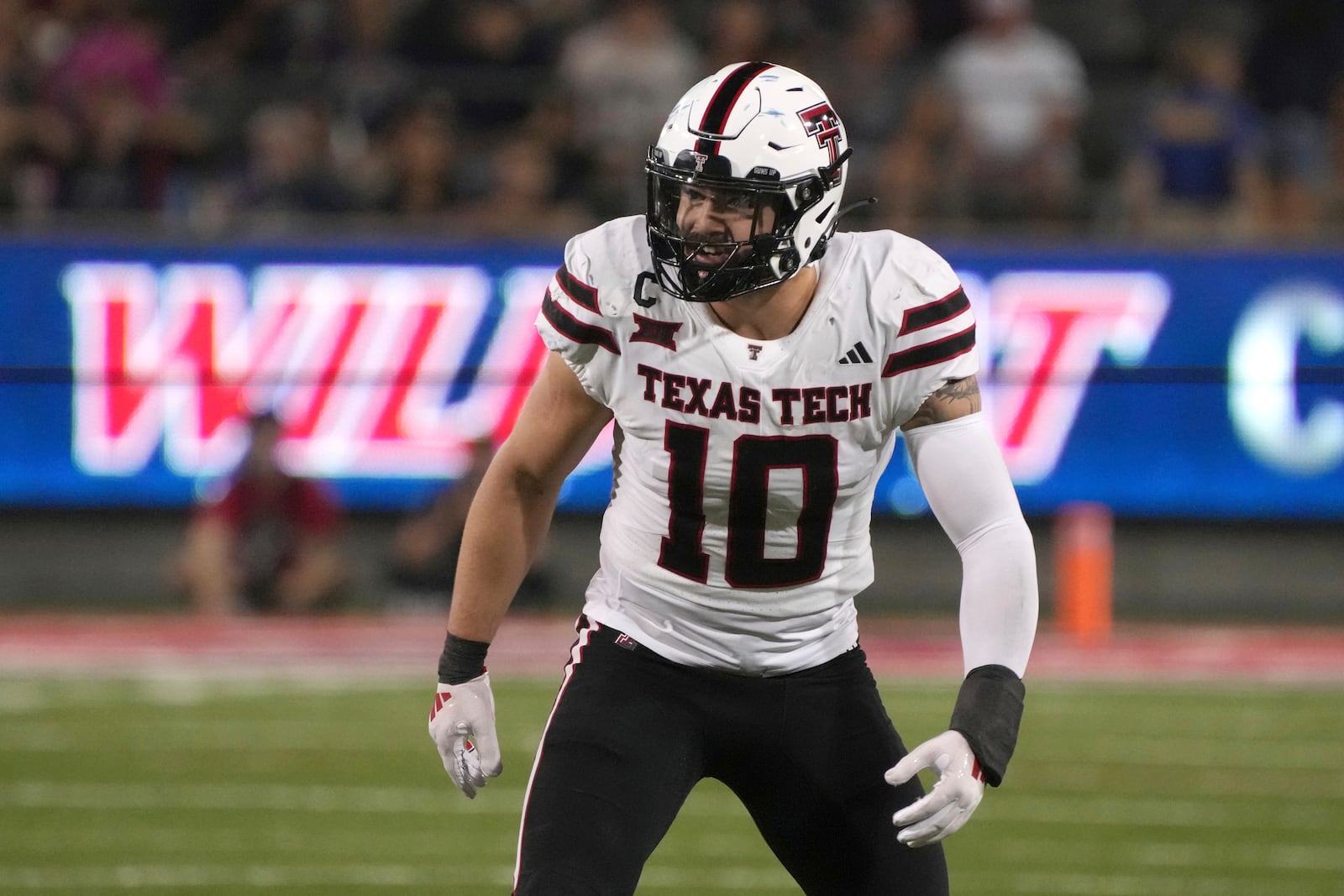 FILE - Texas Tech linebacker Jacob Rodriguez (10) during an NCAA football game against Arizona, on Oct. 5, 2024, in Tucson, Ariz. (AP Photo/Rick Scuteri, File)