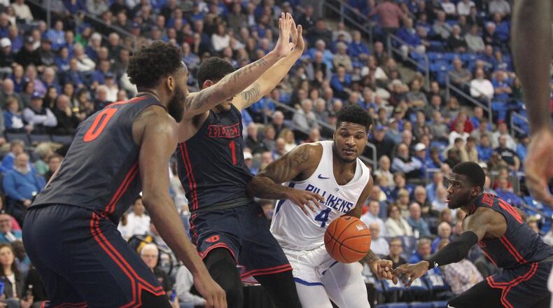 Saint Louis guard Dion Wiley dribbles against Dayton on Tuesday, Feb. 5, 2019, at Chaifetz Arena in St. Louis. David Jablonski/Staff