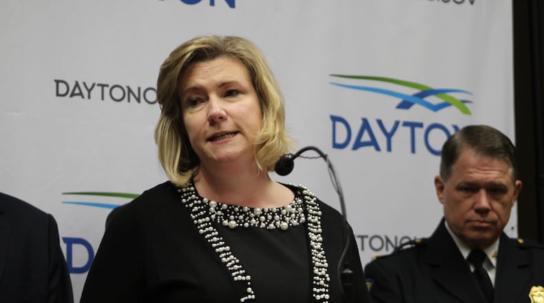 Dayton Mayor Nan Whaley discusses the city’s lawsuit against drug companies, distributors. CORNELIUS FROLIK / STAFF