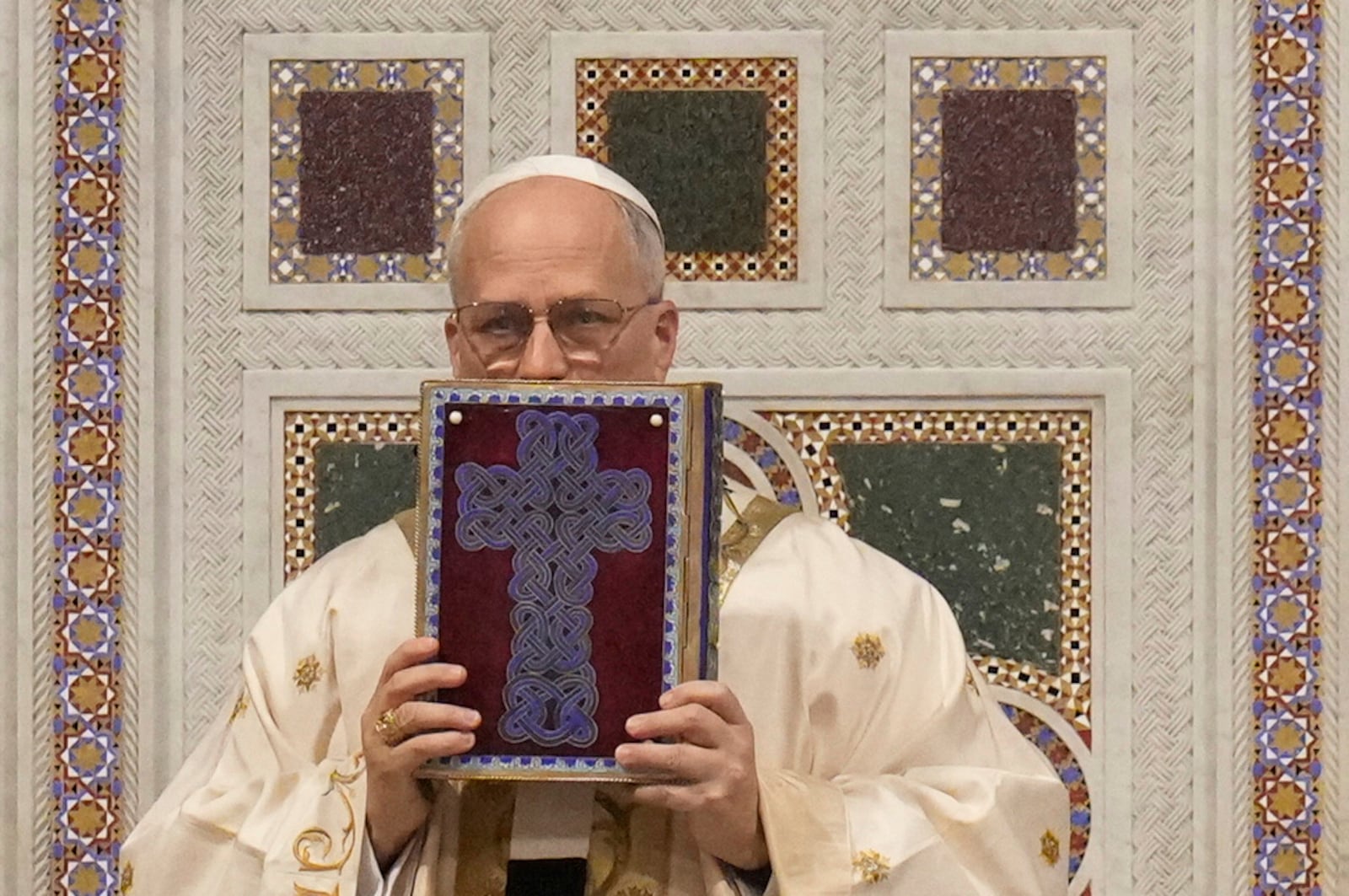 Pope Leo XIV presides over a Mass in the Archbasilica of St. John Lateran and takes possession of the Roman Cathedra, formalising his role as Bishop of Rome in Rome, Sunday, May 25, 2025. (AP Photo/Gregorio Borgia)