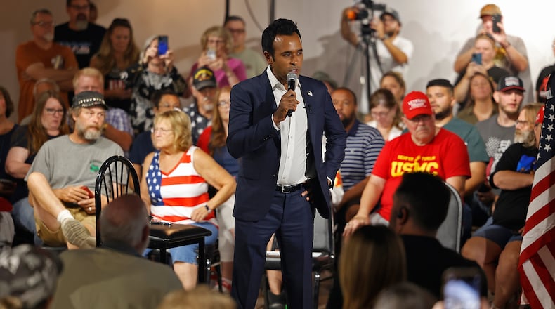 Former presidential candidate Vivek Ramaswamy speaks to a room full of supporters during a town hall meeting at the Bushnell Banquet Center in Springfield Thursday, Sept. 19, 2024. BILL LACKEY/STAFF