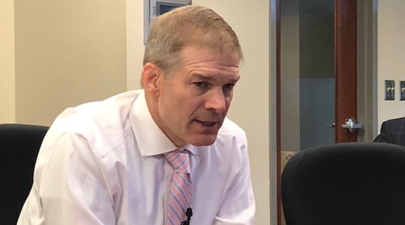 U.S. Rep. Jim Jordan talked to reporters from the Dayton Daily News, WHIO and the Springfield News-Sun on Monday. Photo by Anthony Shoemaker