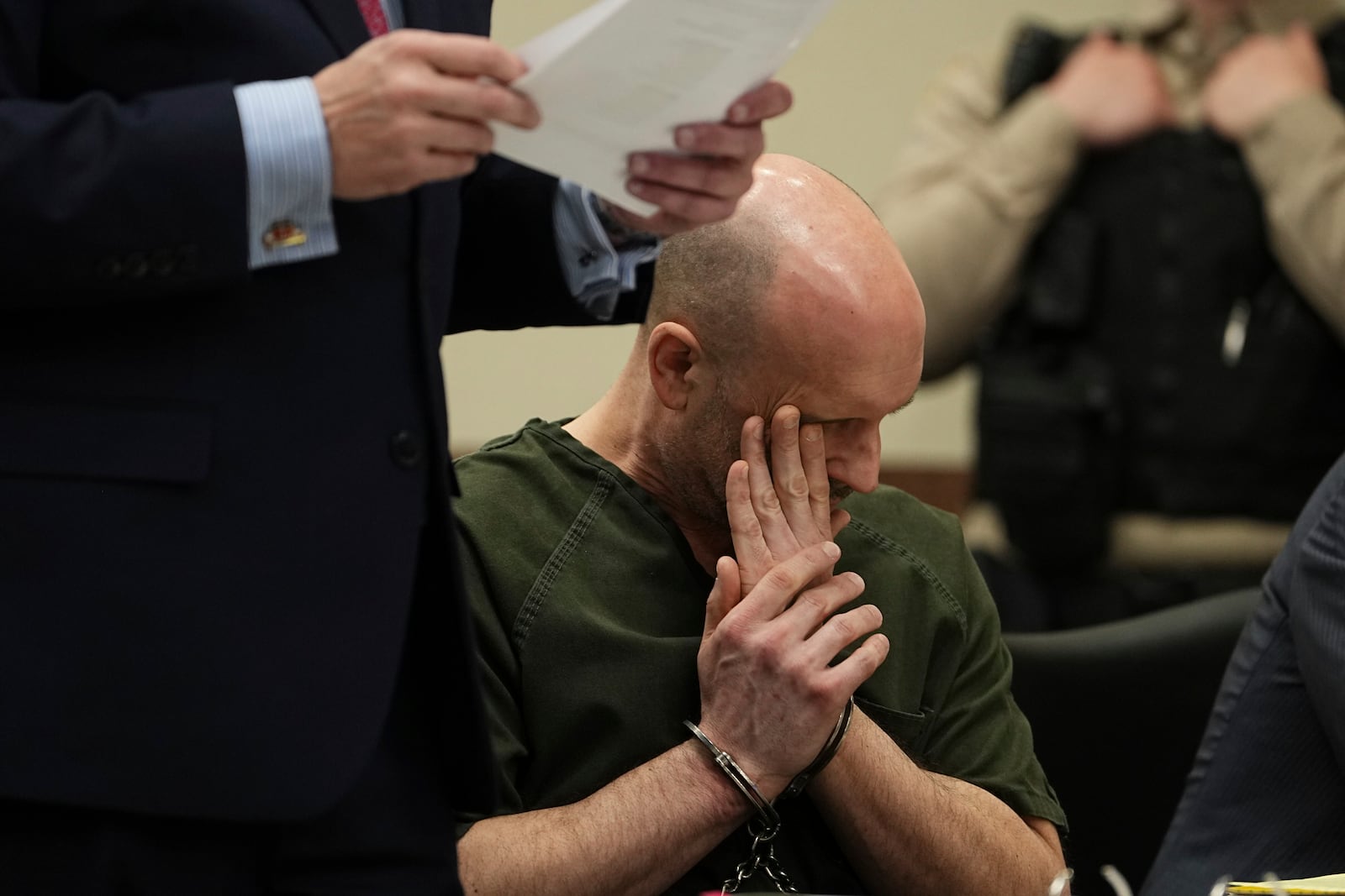 Sean M. Higgins, the driver charged with killing NHL hockey player Johnny Gaudreau and his brother Matthew while they were bicycling, sits in the Salem County, N.J., Courthouse, Tuesday, April 15, 2025, in Salem, N.J. (AP Photo/Matt Rourke)