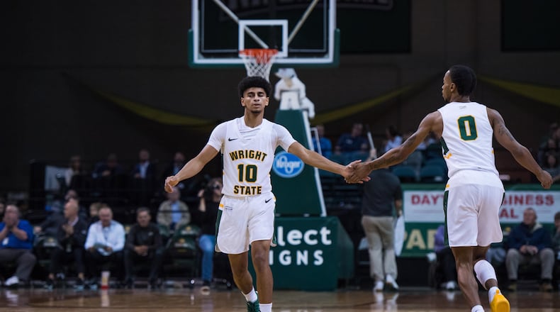 Wright State’s Trey Calvin (10) and Jaylon Hall during last week’s game vs. Urbana. Joseph Craven/WSU Athletics