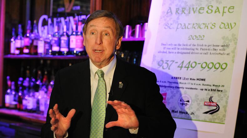 Montgomery County Prosecuting Attorney Mat Heck, Jr. at the Dublin Pub talks Wednesday March 16, 2022 about the ArriveSafe Program for St. Patrick's Day.  MARSHALL GORBY\STAFF