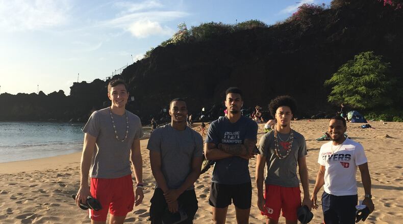 (From left) Dayton’s Ryan Mikesell, Rodney Chatman, Ibi Watson, Christian Wilson and Camron Greer on Friday night in Hawaii. Larry Hansgen/STAFF