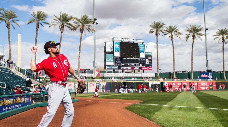 GOODYEAR, AZ - FEBRUARY 23: Billy Hamilton of the Cincinnati Reds looks on before a game against the Cleveland Indians during a Spring Training Game at Goodyear Ballpark on February 23, 2018 in Goodyear, Arizona. (Photo by Rob Tringali/Getty Images)