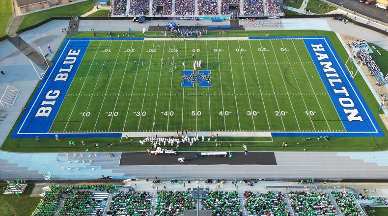 Badin and Hamilton met on the football field for the first time in 23 years at Virgil Schwarm Stadium on Aug. 18, 2023. Nick Graham/STAFF