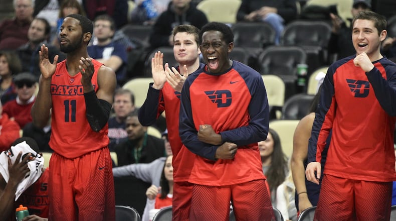Jeremiah Bonsu reacts to a basket by Dayton during a game against Duquesne on Jan. 14, 2017, at PPG Paints Arena in Pittsburgh. David Jablonski/Staff