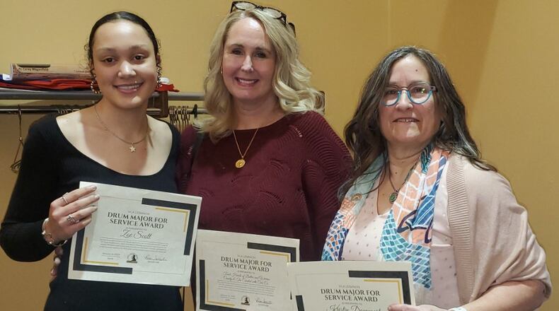 The MLK Lebanon Committee honored the following people and organizations with 2023 Drum Major Awards. From left are Zoe Scott, Youth Leader for Tomorrow; Jenni Blake representing the Touching Hearts at Home, the outstanding organization of the year; and Kristin Davenport, Adult Community Leader. Not pictured is Russell Forrester, Adult Community Leader. CONTRIBUTED PHOTO