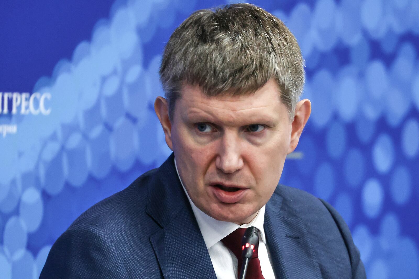 In this photo released by the Roscongress Foundation, Minister of Economic Development of the Russian Federation Maxim Reshetnikov attends a plenary session of the St. Petersburg International Economic Forum in St. Petersburg, Russia, Thursday, June 19, 2025. (Roscongress Foundation via AP)