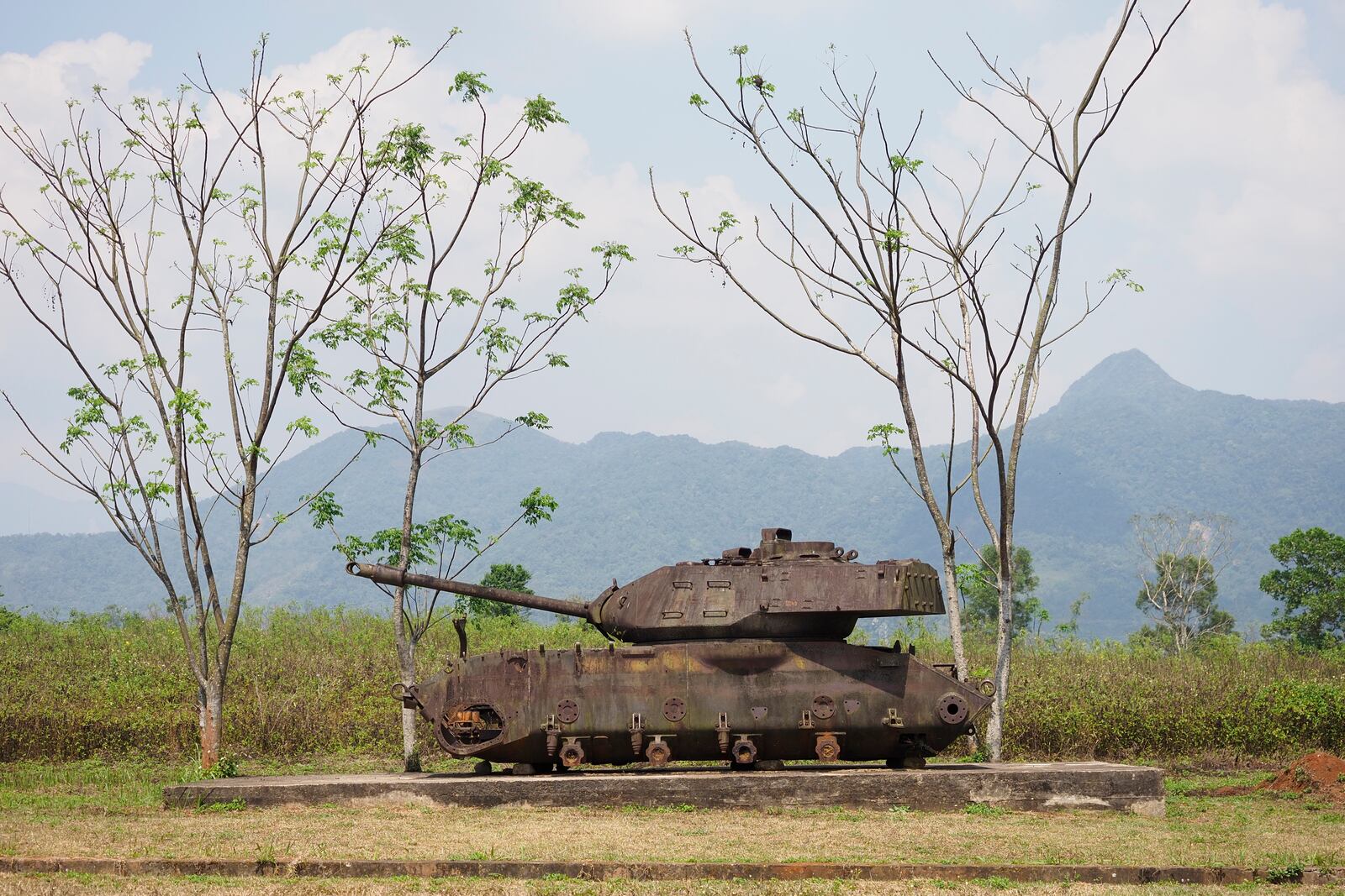 The wreckage of an American tank on display at the Khe Sanh Combat Base in Vietnam, Feb. 22, 2024. (AP Photo/David Rising)