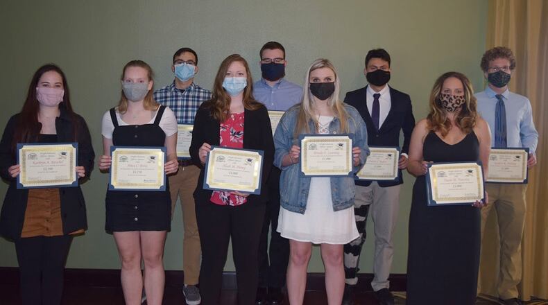 The 2021 Wright-Patterson Officers’ Spouses’ Club scholarship winners are (front row, from left) Kathryn Ritschel, Amea Bretz, Aleah Pitney, Brooke Lanning and Tracie Navarra. (Back row, from left) Christian Greiner, Landen Stricker, Carson Rohan and Kaiden Delsing. Not pictured: Riley Gallegos and Ryan Massie. CONTRIBUTED PHOTO