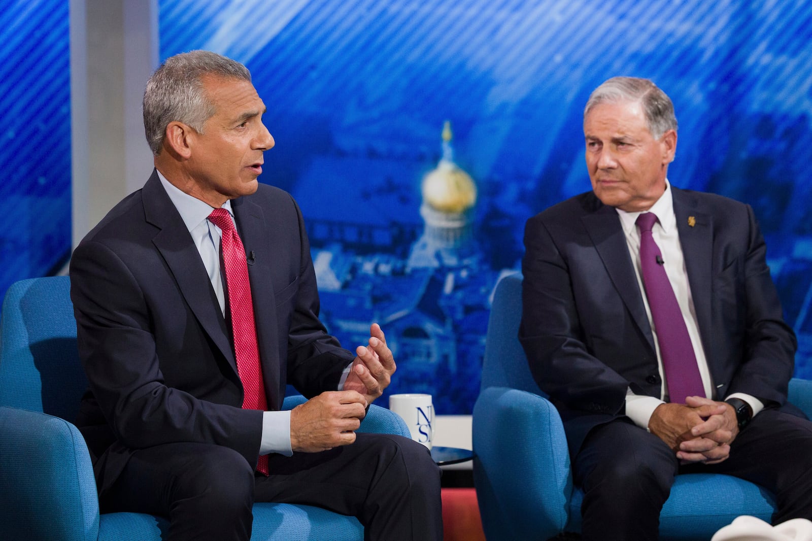 FILE - Candidates former Assemblyman Jack Ciattarelli, left, and State Senator Jon Bramnick address the topics at the New Jersey Republican gubernatorial primary debate, at NJ PBS Studios, Wednesday, May 7, 2025, in Newark, N.J. (Steve Hockstein/NJ Advance Media via AP, Pool, File)