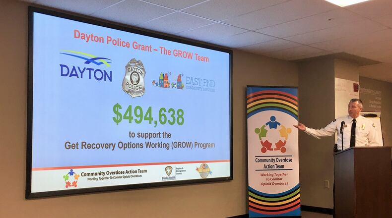 Dayton Police Major Joe Wiesman talks about a Department of Justice grant that will help expand the city’s GROW Team, which responds to drug overdoses and works to connect individuals with treatment. KATIE WEDELL/STAFF