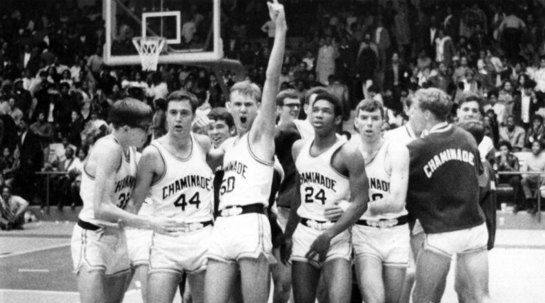 Chaminade Eagles basketball 1969-1970: Mike Eifert (32) Dan Gerhard (44), Ted Wuebben (50), Terry Tyler (24) and Paul Kurpiel (30).