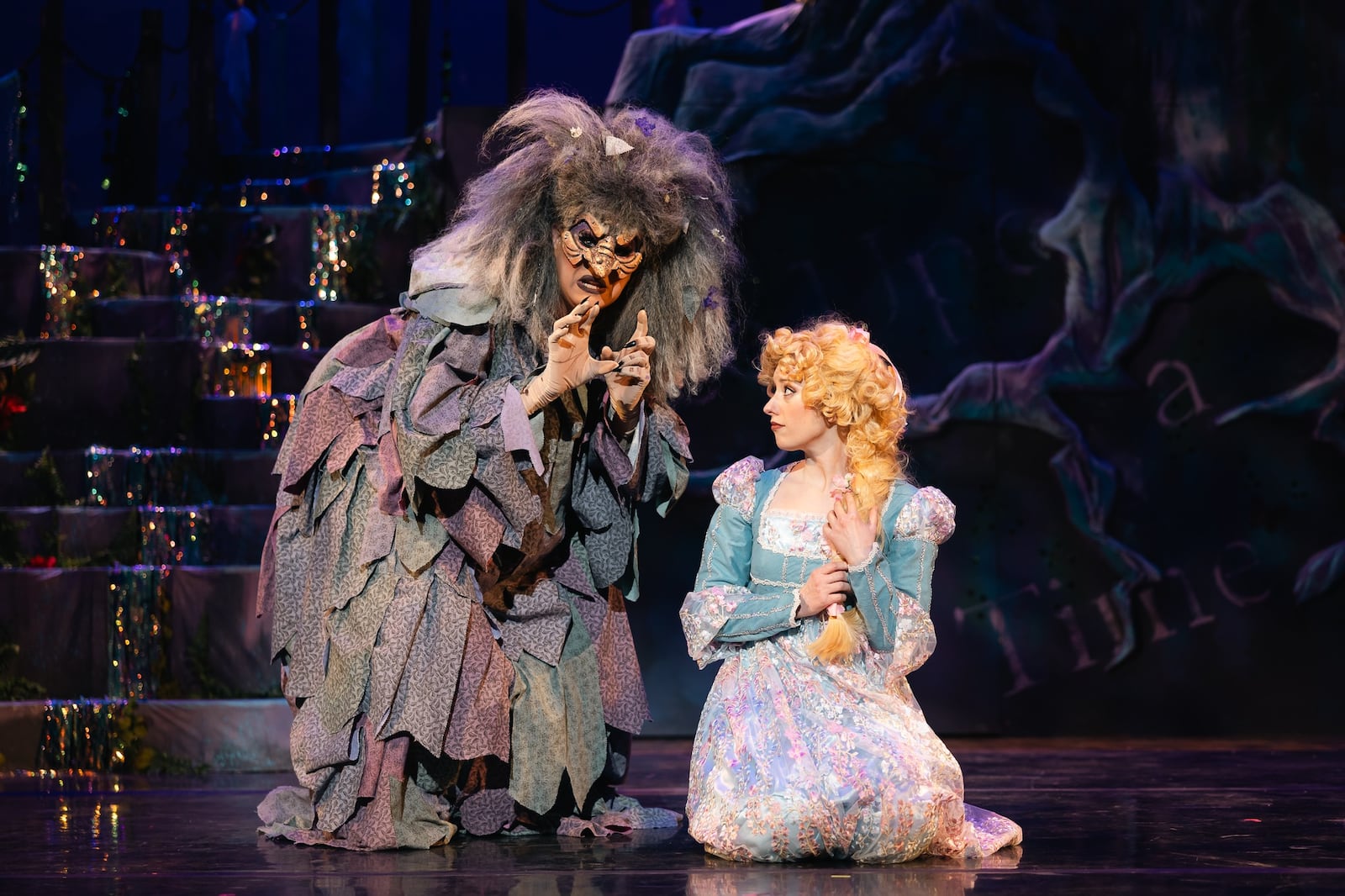 Andrew Levitt (a.k.a. Nina West, left, as The Witch) and Lizzy Miller (Rapunzel) in the Butterfly Guild of Nationwide Children's Hospital production of "Into the Woods." PHOTO BY BUTTERFLY GUILD OF NATIONWIDE CHILDREN'S HOSPITAL