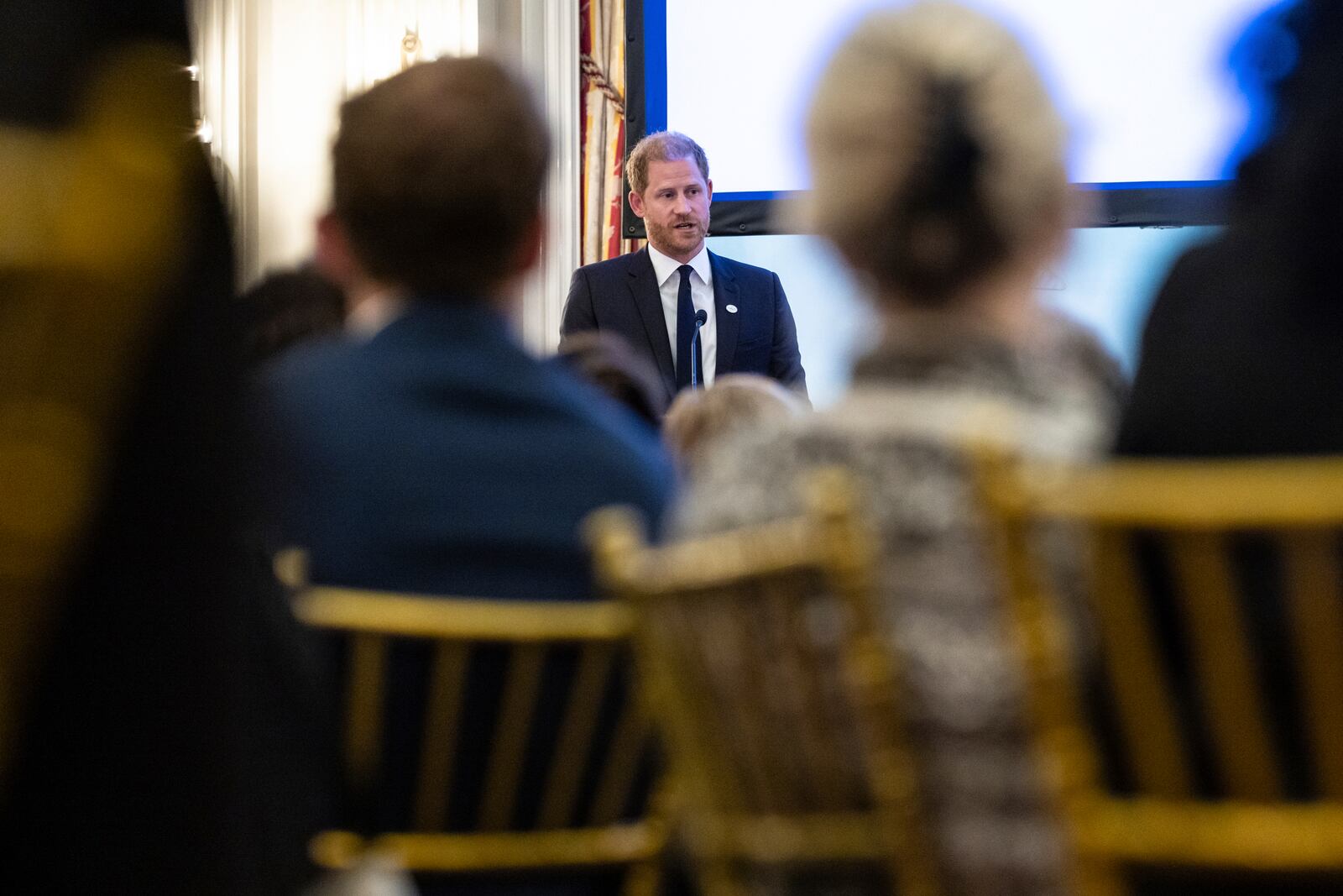 FILE - Britain's Prince Harry speaks at an event celebrating Angola's leadership in landmine clearance, Sept. 23, 2024, in New York. (AP Photo/Stefan Jeremiah, File)