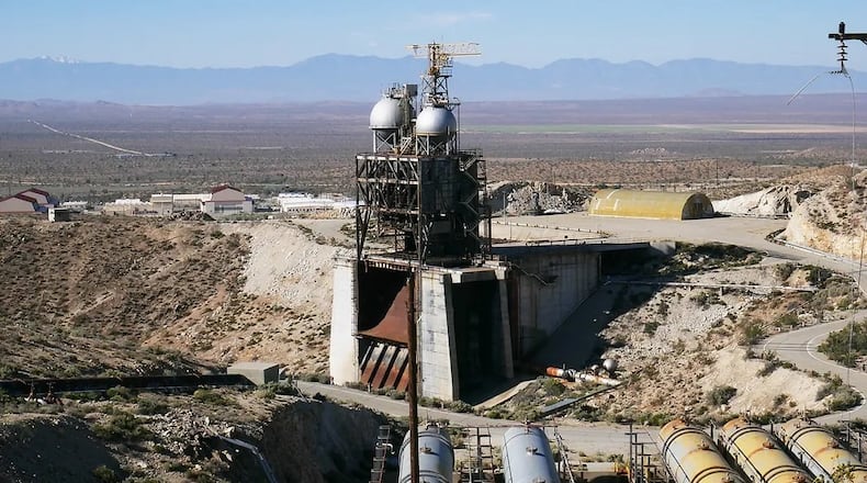 Edwards Air Force Base Historic Test Stand 1B stands on the eastern edge of Rodgers Dry Lake Bed. The Apollo engines were tested here and the test stand continues to be an asset to United States space effort. Air Force photo