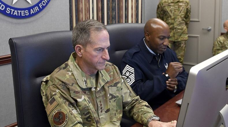 Air Force Chief of Staff Gen. David L. Goldfein and Chief Master Sergeant of the Air Force Kaleth O. Wright take part in a Reddit ‘Ask Me Anything’ session Oct. 24, 2019, at the Pentagon in Arlington, Va. (U.S. Air Force photo/Andy Morataya)
