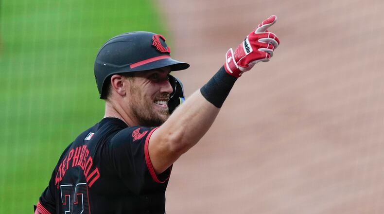 Cincinnati Reds' Tyler Stephenson points to the stands after hitting a home run during the first inning of a baseball against the Pittsburgh Pirates, Friday, Sept. 20, 2024, in Cincinnati. (AP Photo/Carolyn Kaster)