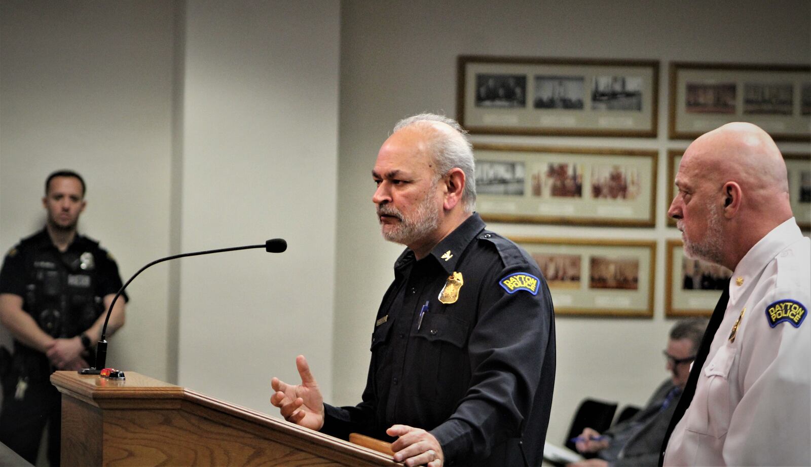 Dayton police Chief Kamran Afzal and Major Paul Saunders speak at a public hearing about Fusus video aggregation technology on Wednesday, Feb. 15, 2023. CORNELIUS FROLIK / STAFF