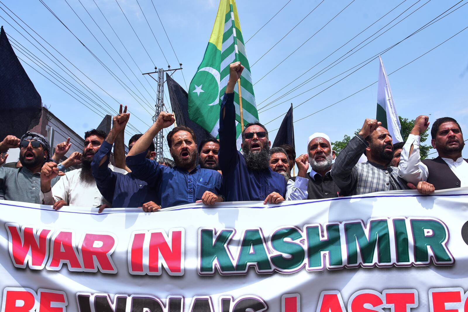 Supporters of Pasban-e-Hurriyat Jammu and Kashmir hold an anti-India demonstration, in Muzaffarabad, the capital of Pakistan administered Kashmir, Monday, May 5, 2025. (AP Photo/M.D. Mughal)