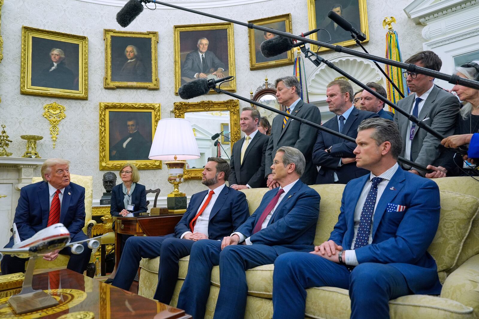 President Donald Trump speaks as meets with Italy's Prime Minister Giorgia Meloni in the Oval Office of the White House, Thursday, April 17, 2025, in Washington, as Vice President JD Vance, Treasury Secretary Scott Bessent and Defense Secretary Pete Hegseth listen. (AP Photo/Alex Brandon)
