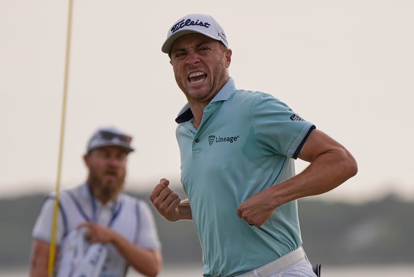 Justin Thomas celebrates after winning the RBC Heritage golf tournament, Sunday, April 20, 2025, in Hilton Head Island, S.C. (AP Photo/Mike Stewart)