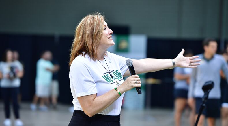 Wright State's Joylynn Brown speaks to the crowd during an open baskeball practice last month at the Nutter Center. Wright State on Tuesday announced Brown as its new athletic director. Joe Craven/Wright State Athletics