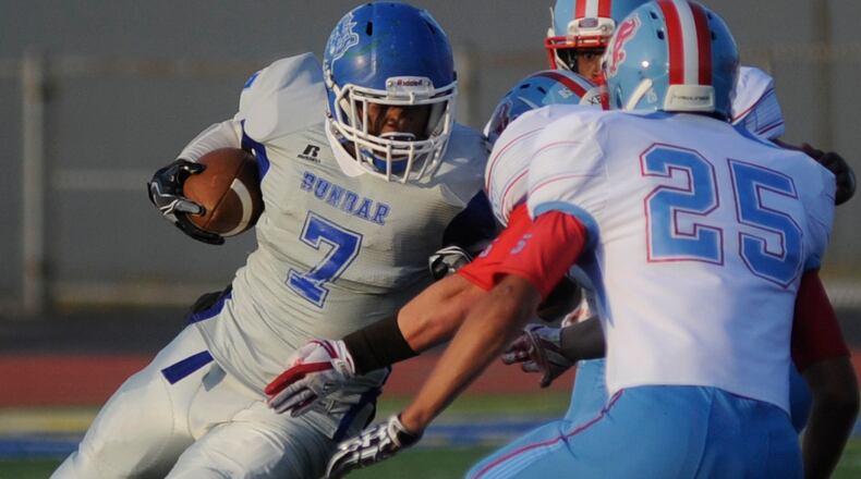 Dunbar RB Tavion Thomas. Belmont defeated Dunbar 42-0 in a season-opening high school football game at Welcome Stadium in Dayton on Thursday, Aug. 24, 2017. MARC PENDLETON / STAFF