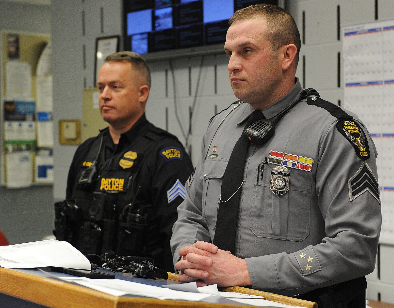 Dayton Police Sgt. Gordon Cairns and Ohio State Partol Sgt. Dallas Root, gave an update Feb. 16, 2022 on OVIs from the previous year as well as Super Bowl patrols. MARSHALL GORBY\STAFF
