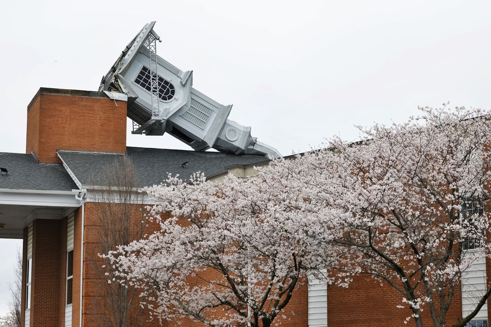 Overnight storms Sunday, March 30 toppled the steeple at Grace Baptist Church. NICK GRAHAM/STAFF