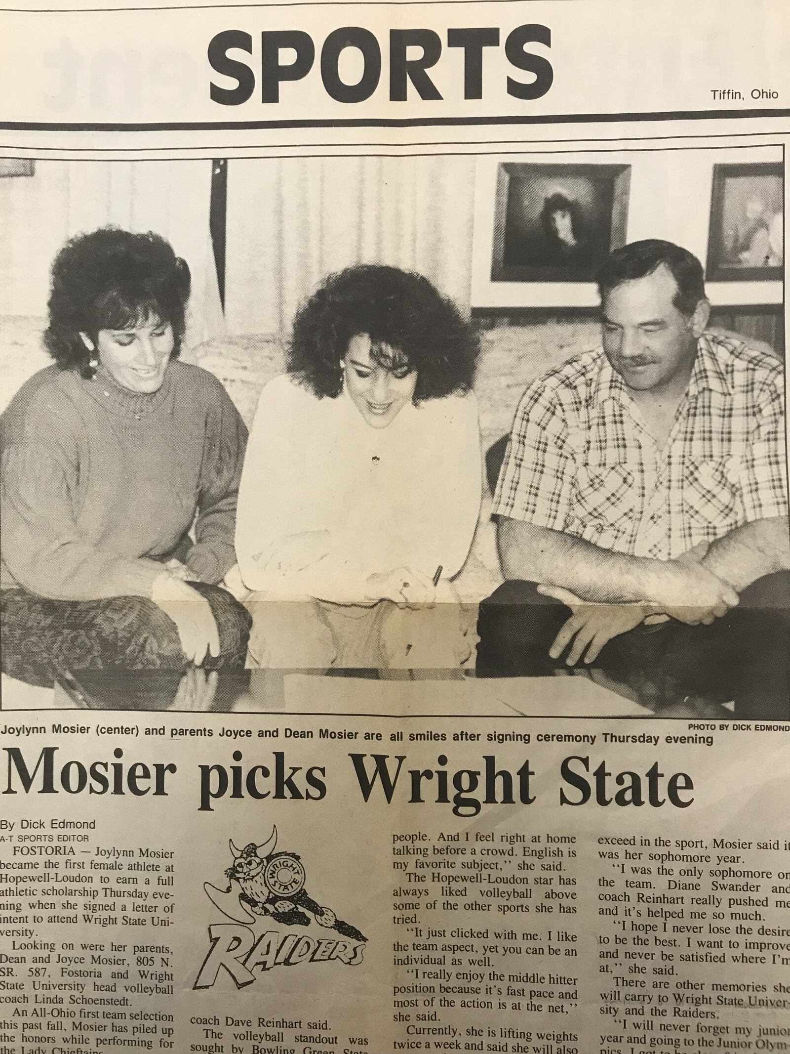 Joylynn Mosier, an All-Ohio volleyball player at Hopewell-Loudon High in the late 1980s, signs with Wright State as her parents, Joyce and Dean look on. CONTRIBUTED