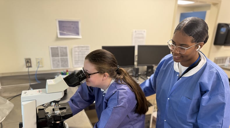 The Montgomery County Public Health Clinic Lab. Pictured are from left on the microscope Abigayle Watson, Laboratory Technician, and Collesa Johnson, Interim Laboratory Supervisor. CONTRIBUTED