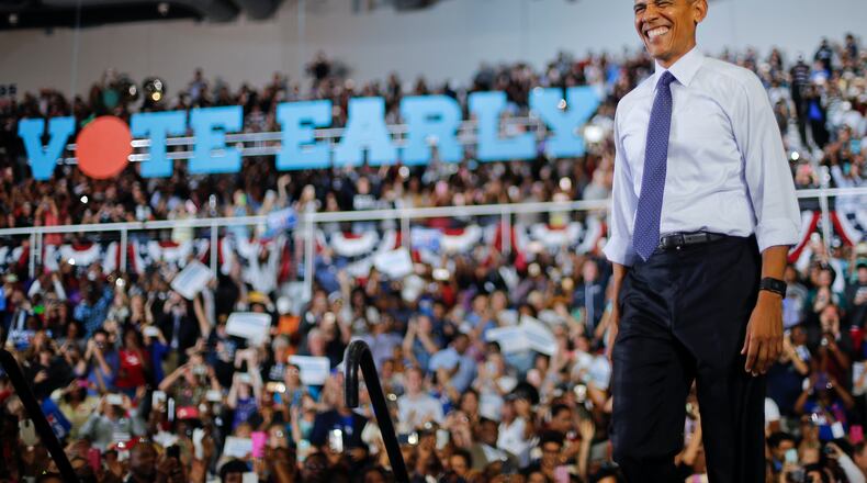 President Barack Obama smiles as he arrives to speak at a campaign rally for Democratic presidential candidate Hillary Clinton, Thursday, Nov. 3, 2016, at the University of North Florida in Jacksonville, Fla. (AP Photo/Pablo Martinez Monsivais)