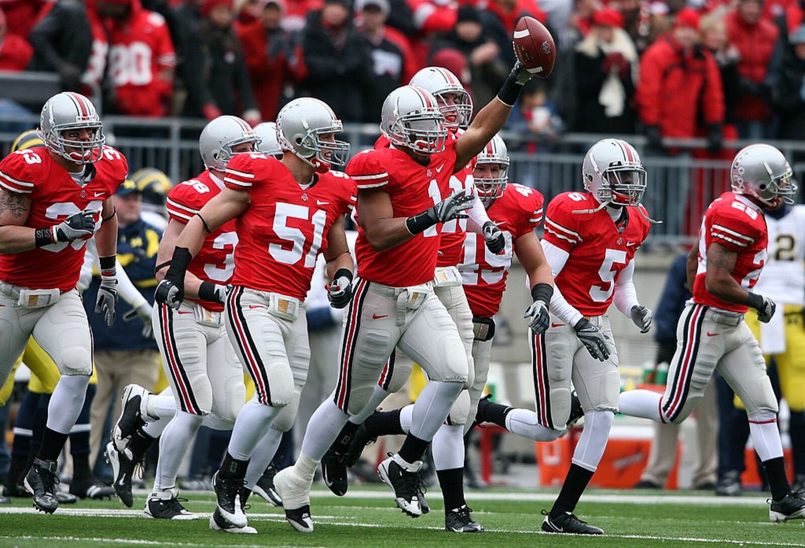 COLUMBUS, OH - NOVEMBER 22: Marcus Freeman #1 of the Ohio State Buckeyes celebraes recovering a Michigan Wolverines fumble during the Big Ten Conference game at Ohio Stadium on November 22, 2008 in Columbus, Ohio. (Photo by Andy Lyons/Getty Images)
