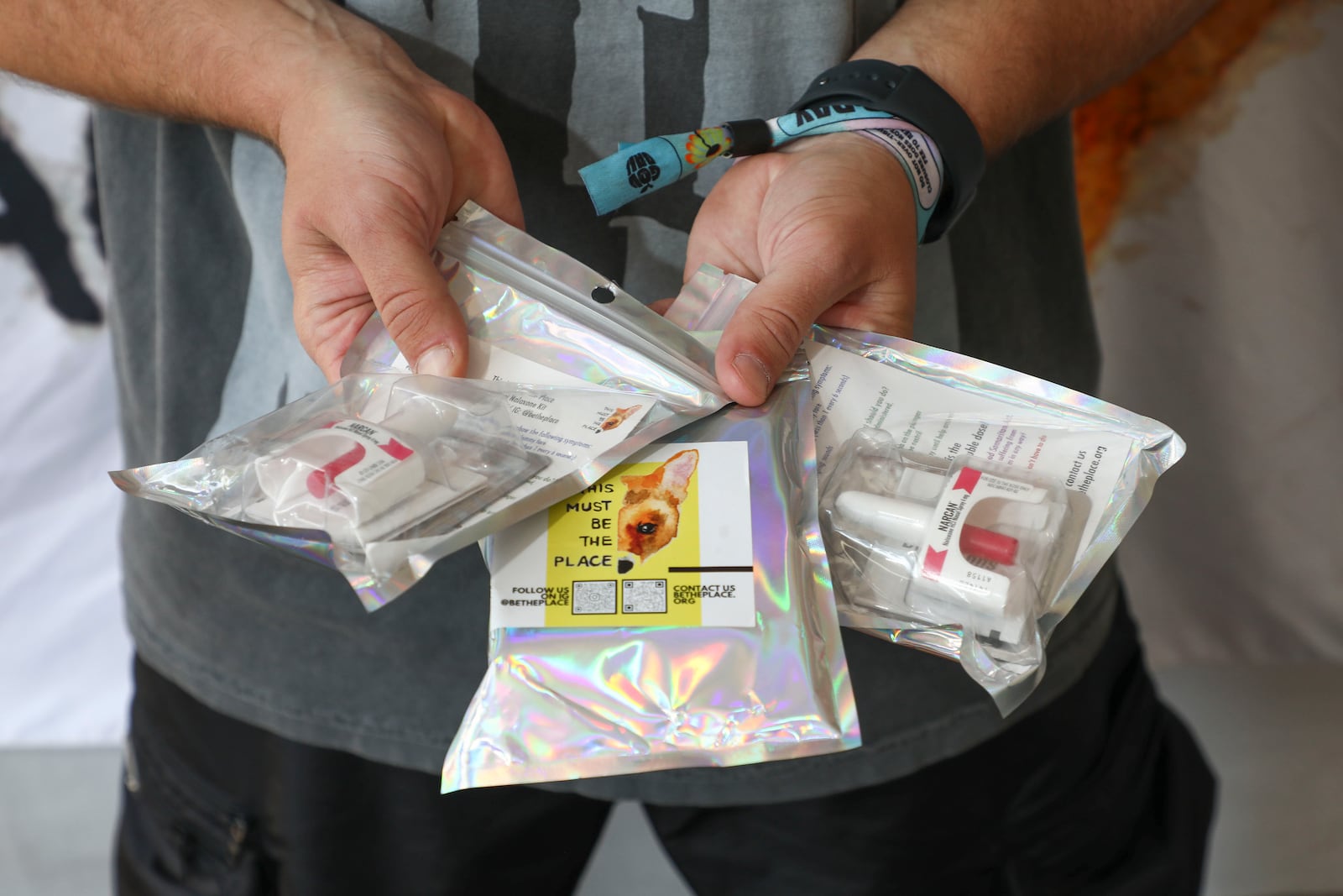 William Perry, founder of This Must Be The Place, holds free naloxone medication to be given out to concert goers at the Governors Ball Music Festival on Sunday, June 9, 2025, at Flushing Meadows Corona Park in the Queens borough of New York. (Photo by Andy Kropa/Invision/AP)