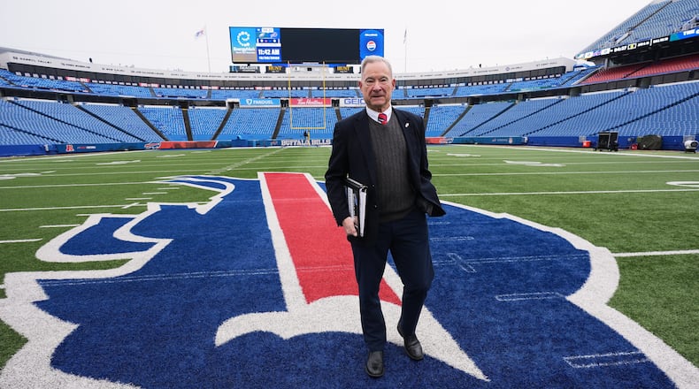 Chris Clark, Buffalo Bills Vice President of Security walks on the field at Highmark Stadium before an NFL football game between the Philadelphia Eagles and Buffalo Bills, Sunday, Dec. 28, 2025. (AP Photo/Gene J. Puskar)