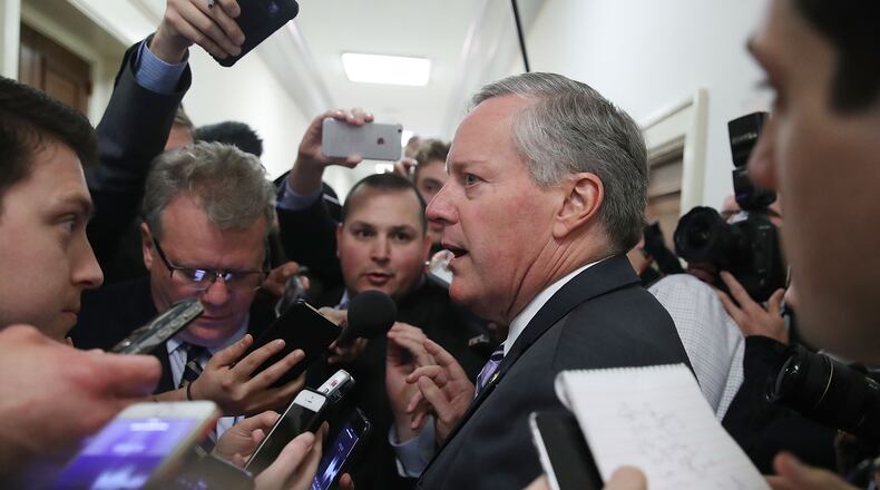 Chairman of the House Freedom Caucus Mark Meadows (R-NC) speaks to reporters after coming out of a closed door meeting with other members, on Capitol Hill on Thursday in Washington, DC. Some Freedom Caucus Republicans were still holding out Friday on casting a “yes” vote for Trumpcare. (Photo by Mark Wilson/Getty Images)