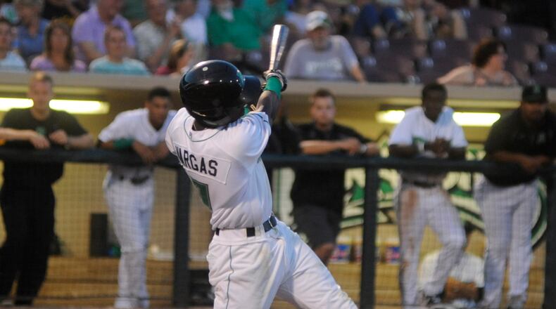 Dragons shortstop Hector Vargas unloads. The Dragons defeated the visiting Peoria Chiefs (Cardinals) 8-5 at Dayton’s Fifth Third Field on Wednesday, July 19, 2017. MARC PENDLETON / STAFF
