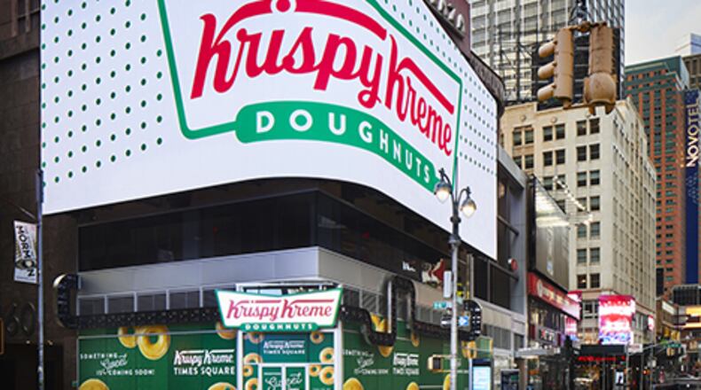 Krispy Kreme's Times Square store in New York CIty employs Dayton-based Stratacache display technology. Krispy Kreme image.