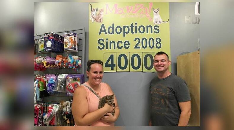 The 4000th cat adopted from the MeowZa Cat Boutique inside the Dayton Mall in Miami Twp. was a 3-month-old kitten named Rezzie, who now has a home with Kimberly Baylor and Steven Bilancia.