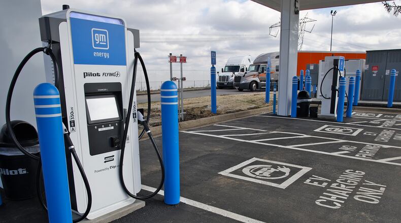 Located at the London Pilot Travel Center along Interstate 70 at U.S. 42, as part of a collaboration with General Motors, the nation’s first NEVI charging station is equipped with fast chargers installed by EVgo and owned by Pilot Travel Centers LLC. Each charging stall is capable of providing up to 350 kW when charging a single vehicle and when multiple vehicles are charging at the same time, each port will receive up to 175 kW. This amount of power is enough to charge most EVs up to 80% in 20-40 minutes, depending on the vehicle’s battery. BILL LACKEY/STAFF