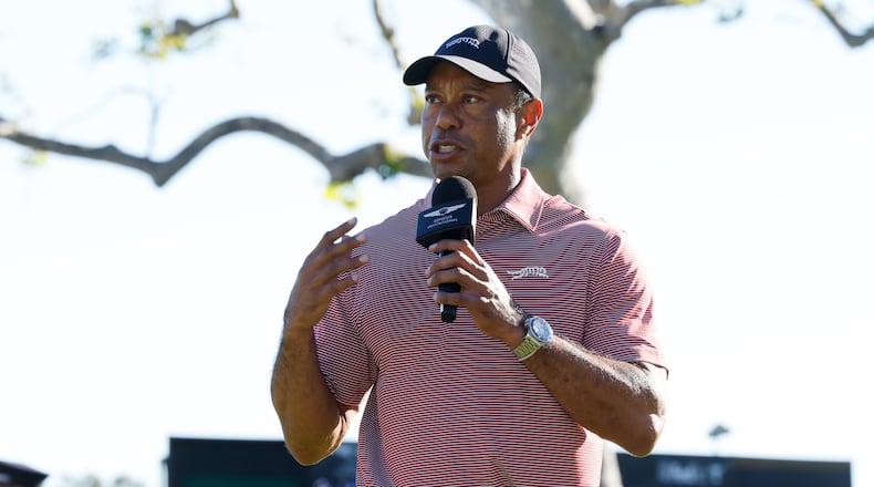 Tiger Woods speaks after the final round of the Genesis Invitational golf tournament at Riviera Country Club, Sunday, Feb. 22, 2026, in the Pacific Palisades area of Los Angeles. (AP Photo/Caroline Brehman)